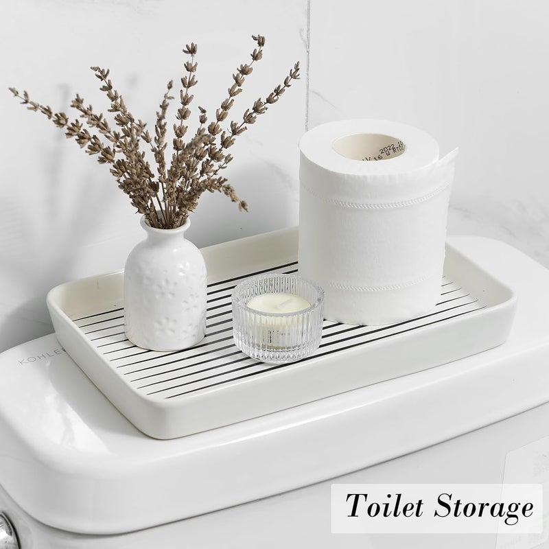 Pottify Bathroom Vanity Tray for Countertop,2PC Rectangle Striped Tray,Decorative Bathroom Organizer for Scrubber, Lotion Bottles, Perfume, Jewelry, Candle, Key Trinket Ring(Large,White) - Image 3